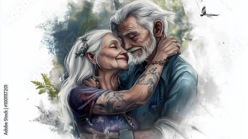 hand drawn picture of elderly rocker couple with tattoos hugging outdoors