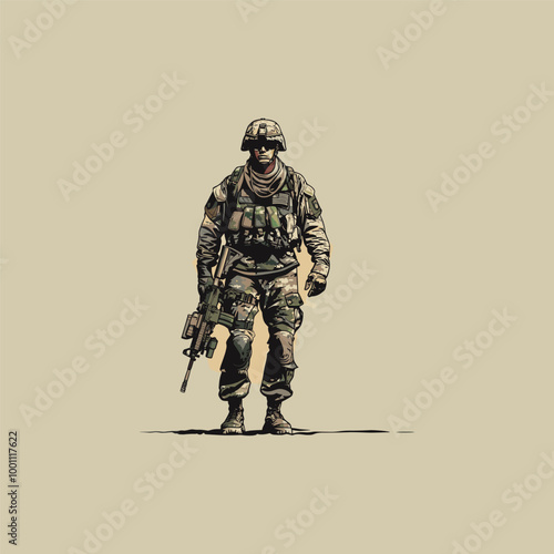 Soldier in full combat gear Flat vector illustration

