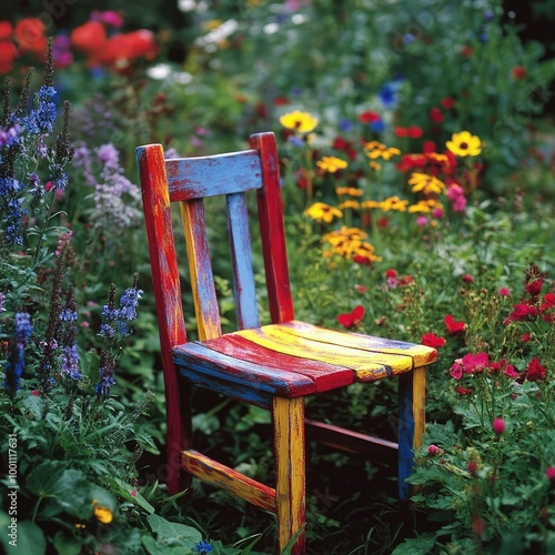 A wooden chair painted in bright colors, standing out in a garden filled with flowers, adding a touch of whimsy to the outdoor space.