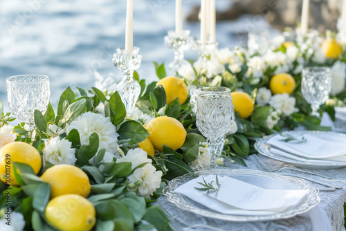 A beautifully set dining table party for an outdoor wedding, featuring a pristine white tablecloth and rustic woodfern candleholders decorated with delicate fruits and flowers,
 photo