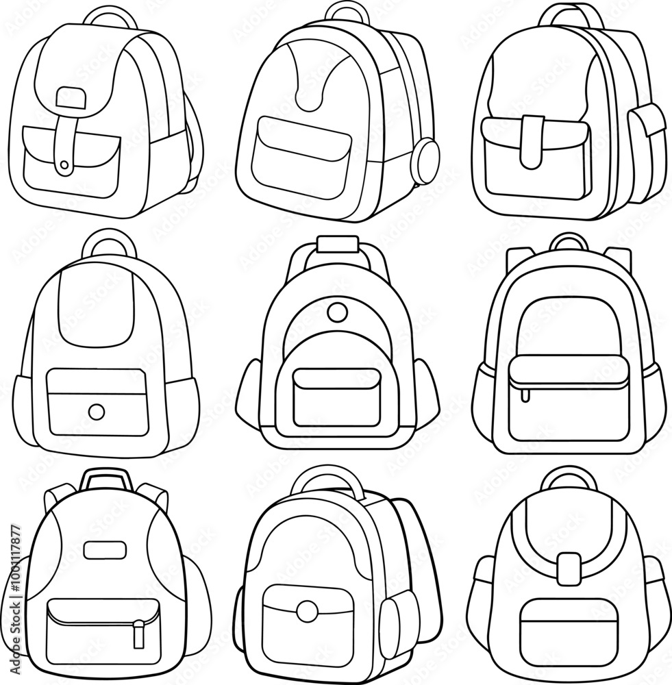 set of school bag line art vector illustration set of school bag line art vector illustration