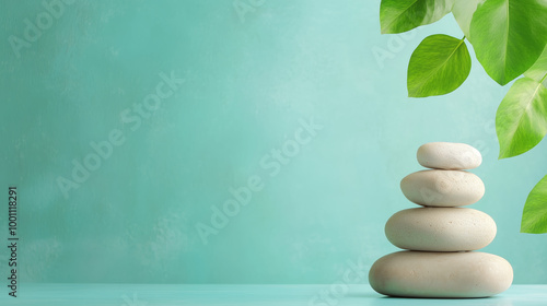 A calming arrangement of stacked stones with green leaves against a soothing aqua background photo