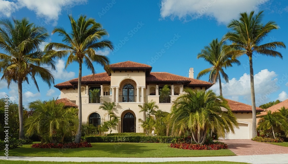 Arafed view of a large mansion with a driveway and palm trees 3 Arafed view of a large mansion with a driveway and palm trees 3