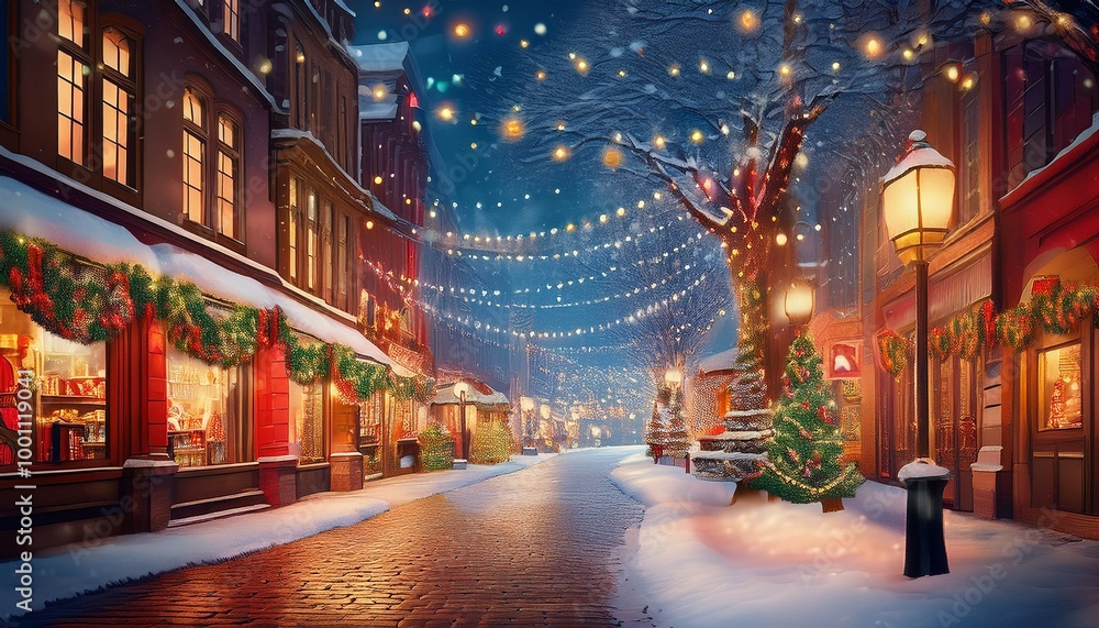 雪が降り積もった街で、通り全体がクリスマスイルミネーションで彩られている。ショップのウィンドウにはホリデーデコレーションが飾られ、家々の玄関にもリースが掛けられている 雪が降り積もった街で、通り全体がクリスマスイルミネーションで彩られている。ショップのウィンドウにはホリデーデコレーションが飾られ、家々の玄関にもリースが掛けられている