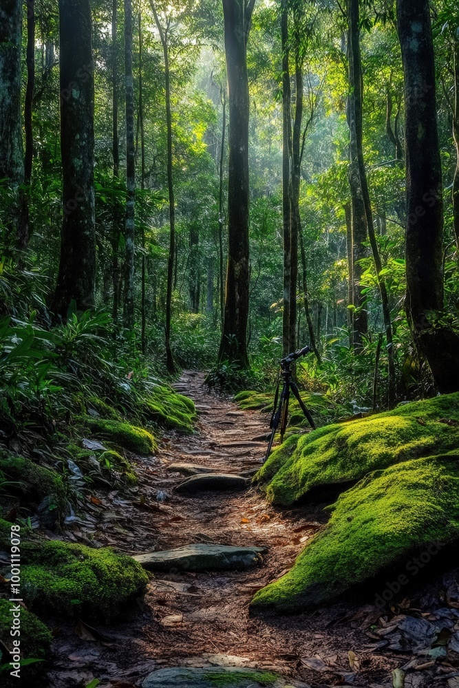 Obraz premium Lush green forest path with mossy rocks and sunlight