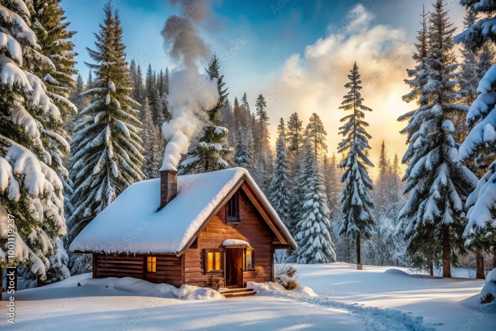 Cozy cabin in the snow with smoke coming from the chimney and trees. Banner, background for winter, holidays, Christmas Cozy cabin in the snow with smoke coming from the chimney and trees. Banner, background for winter, holidays, Christmas