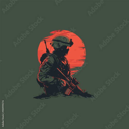 Soldier in full combat gear Flat vector illustration

