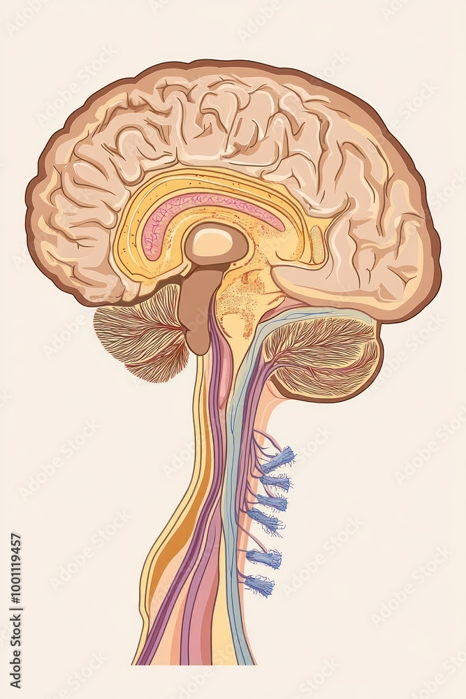 Diagram of the human brain and spinal cord, illustrating neural pathways and structures. Diagram of the human brain and spinal cord, illustrating neural pathways and structures.
