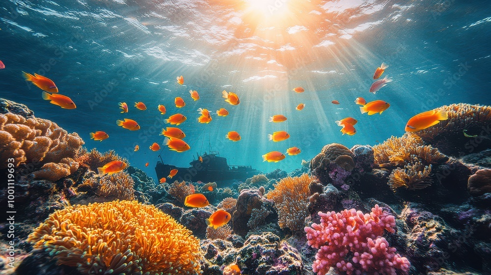 Fototapeta premium Vibrant Coral Reef Teeming with Marine Life