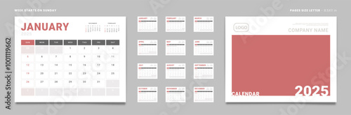 Set of 2025 Pages Monthly Calendar Planner Templates, Cover with Place for Photo, Company Logo. Vector pages for wall or desk calendar with 2 weekend. Page size Letter -8.5x11 in. Week start Sunday