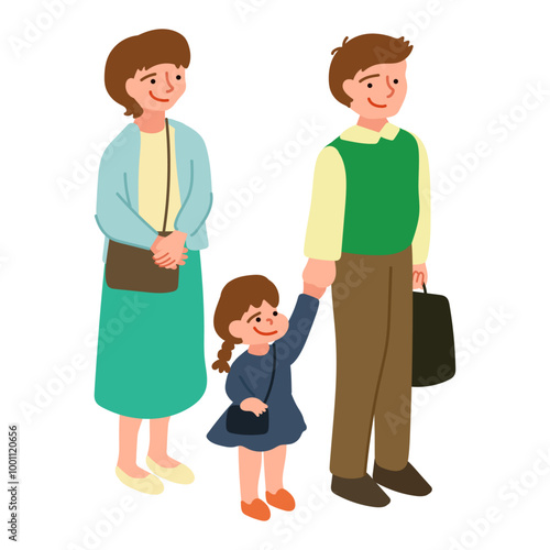 おでかけをする3人家族のイラスト