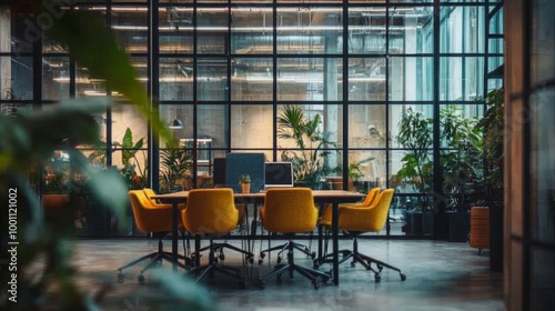 Bright office interior with glass walls around meeting table  coworking area  and panoramic windows providing natural light.