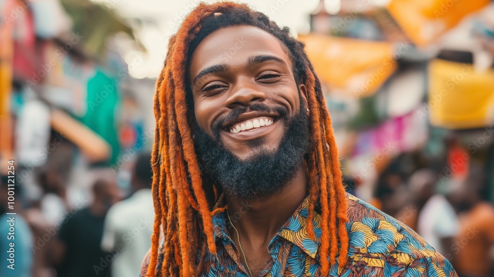 Bright Urban Street Scene with Smiling Man with Vibrant Orange Dreadlocks in Colorful Patterned Shirt Bright Urban Street Scene with Smiling Man with Vibrant Orange Dreadlocks in Colorful Patterned Shirt