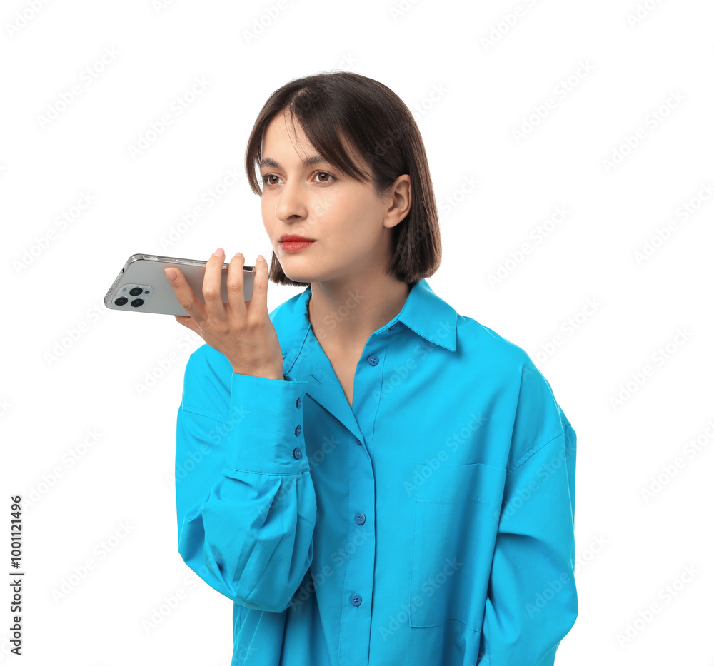 Beautiful woman recording voice message via smartphone on white background Beautiful woman recording voice message via smartphone on white background