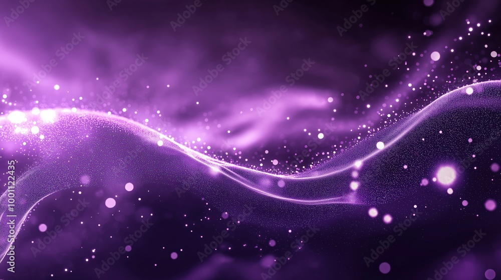 Fototapeta premium Digital purple particles wave and light abstract background with shining dots stars