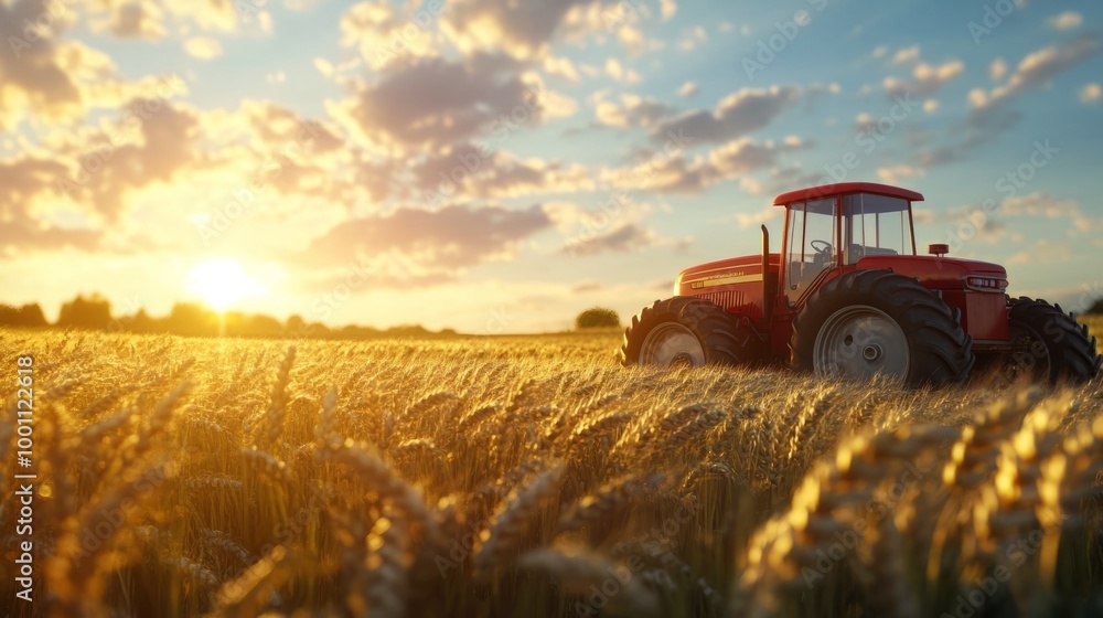 Obraz premium Sunset Tractor in Wheat Field