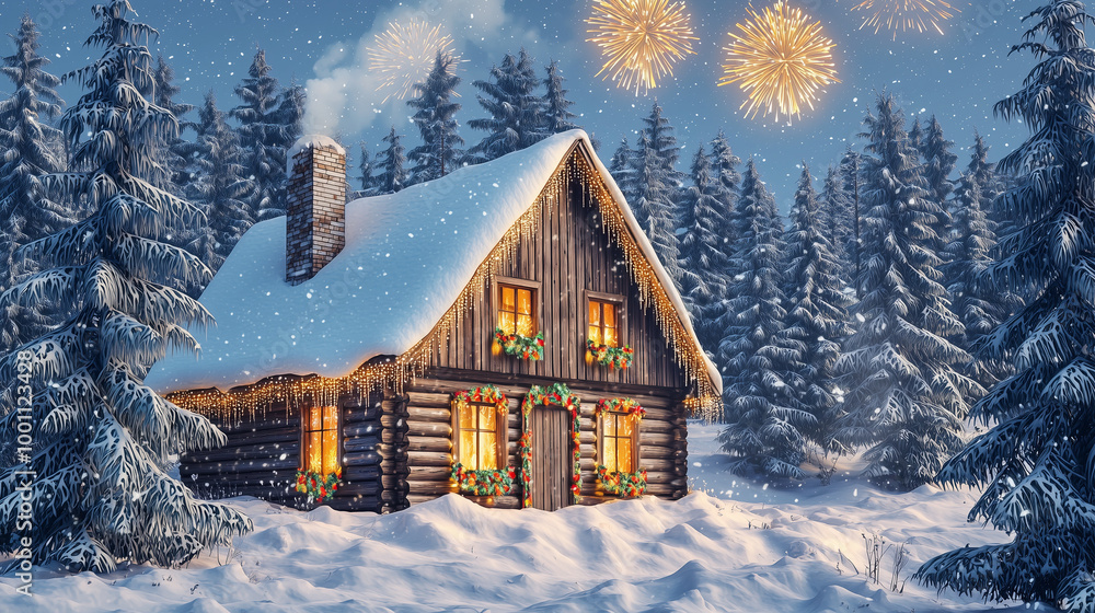 Cozy snow-covered cabin in a winter forest, decorated with Christmas lights. Fireworks light up the sky, creating a festive holiday scene, perfect for Christmas and New Year themes. Cozy snow-covered cabin in a winter forest, decorated with Christmas lights. Fireworks light up the sky, creating a festive holiday scene, perfect for Christmas and New Year themes.