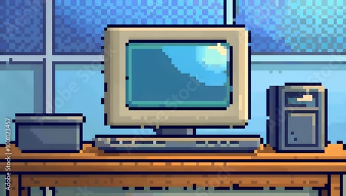 Retro Pixel Art of Vintage Computer on Wooden Desk in Sunlit Room photo