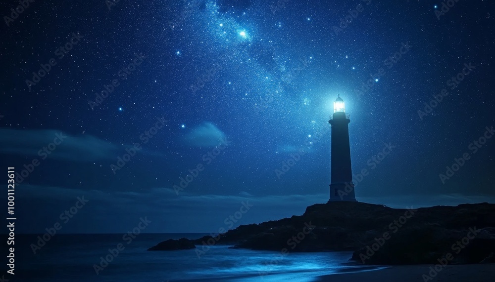 Lighthouse under the starry sky. Lighthouse beacon. Rocky coast with lighthouse. Celestial lighthouse. Lighthouse under the starry sky. Lighthouse beacon. Rocky coast with lighthouse. Celestial lighthouse.