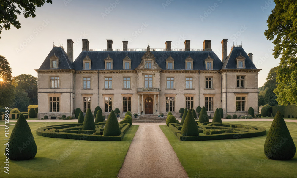 Obraz premium A grand, stone mansion stands on manicured grounds, surrounded by lush greenery and trimmed hedges