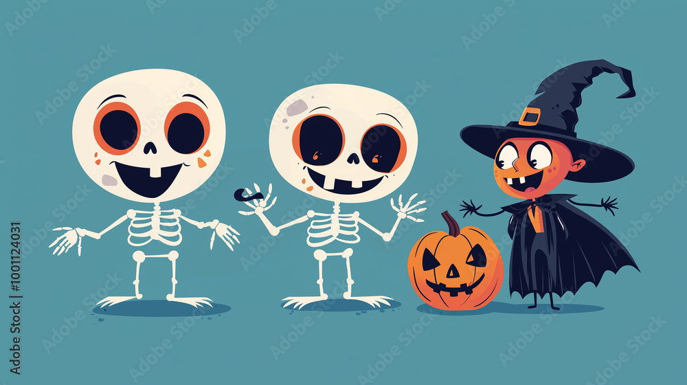 Goofy cartoon skeleton with big round eyes, a happy vampire, and a mischievous pumpkin, minimalist design with bright flat colors, exaggerated emotions and playful facial expressio. Halloween card con Goofy cartoon skeleton with big round eyes, a happy vampire, and a mischievous pumpkin, minimalist design with bright flat colors, exaggerated emotions and playful facial expressio. Halloween card con