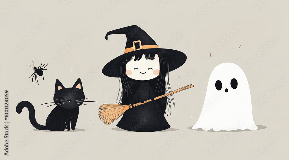 Minimalistic, cute cartoon witch with a broom, a black cat, and a white ghost on a light grey background. Vector illustration in a flat style.Halloween card concept Minimalistic, cute cartoon witch with a broom, a black cat, and a white ghost on a light grey background. Vector illustration in a flat style.Halloween card concept