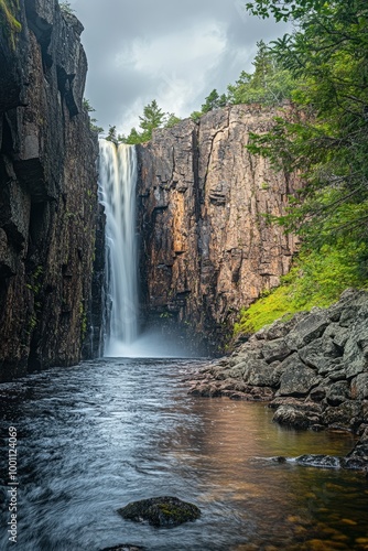 Majestic waterfall cascading down rocky cliff surrounded by lush greenery