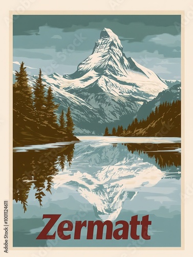 This travel poster showcases Zermatts stunning landscape, featuring the majestic Matterhorn reflected in a tranquil lake surrounded by lush forests, capturing a sense of adventure and nature. photo