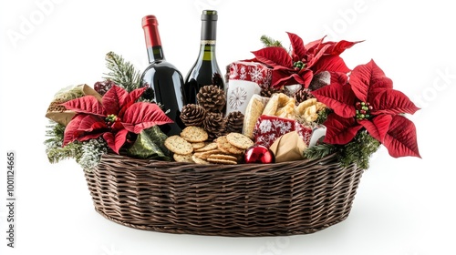 A holiday gift basket with wine, gourmet snacks, and Christmas decorations like poinsettias and snowflakes, isolated on white.