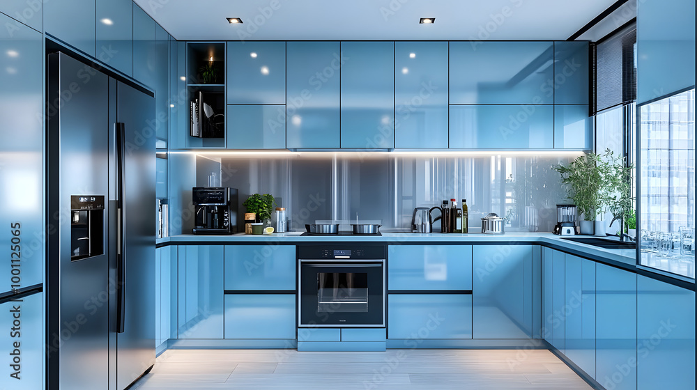 A modern kitchen with light blue cabinets and sleek stainless steel appliances A modern kitchen with light blue cabinets and sleek stainless steel appliances
