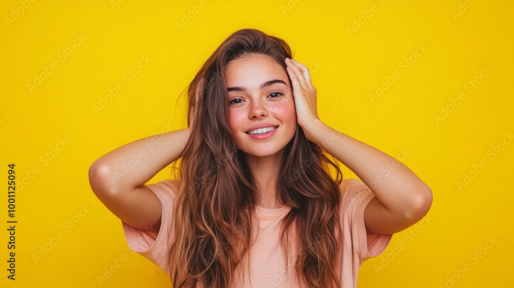 Fototapeta premium Happy Young Woman on Yellow Background