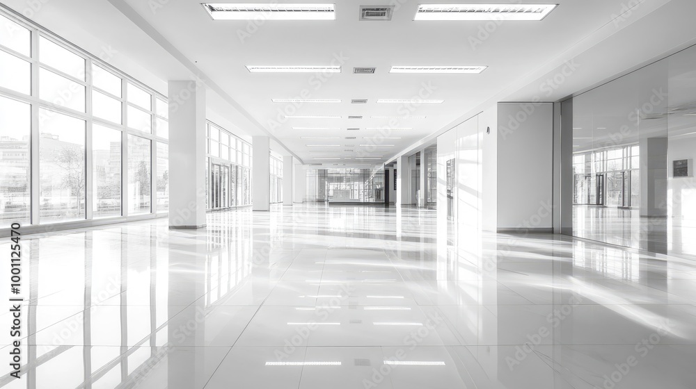 A large, empty monochromatic room with ceramic tile flooring, windows, and ceiling strip lights, creating a bright and clean interior with shiny surfaces. A large, empty monochromatic room with ceramic tile flooring, windows, and ceiling strip lights, creating a bright and clean interior with shiny surfaces.