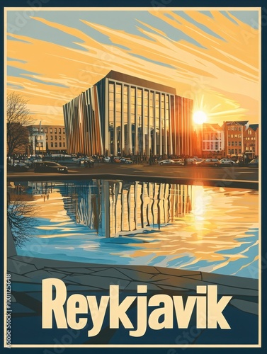 Reykjaviks stunning architecture is highlighted as the sun sets, casting golden hues over the modern buildings and calm waters. The vibrant city draws travelers to its unique beauty. photo