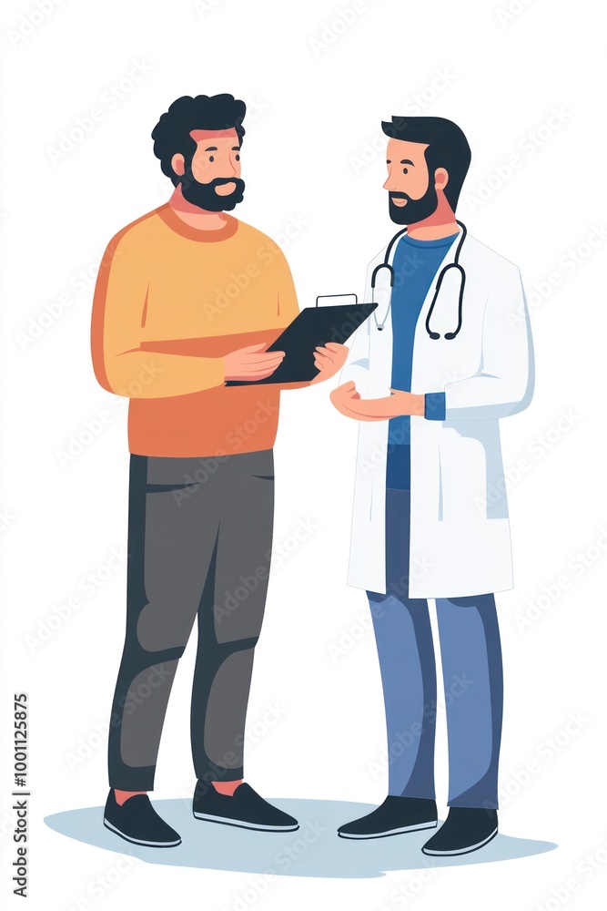 Two men discussing health, one in a doctor's coat and the other in casual clothing. Two men discussing health, one in a doctor's coat and the other in casual clothing.