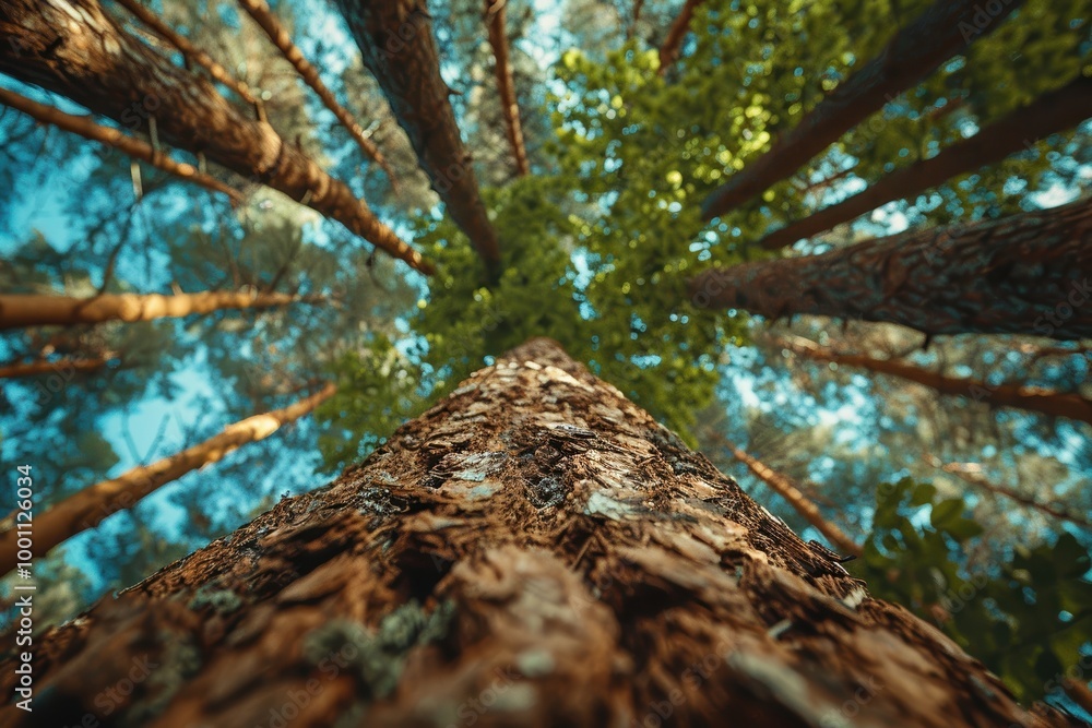 A breathtaking upward perspective of tall trees in a dense forest with sunlight filtering through the green foliage on a clear, bright day A breathtaking upward perspective of tall trees in a dense forest with sunlight filtering through the green foliage on a clear, bright day