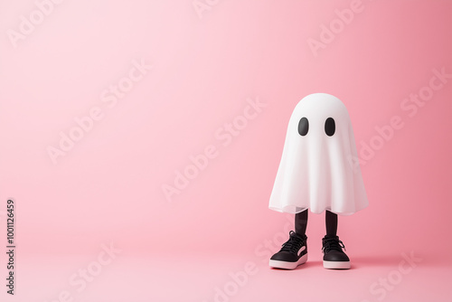 Girl in ghost costume against pastel pink background. Halloween party minimal concept. photo