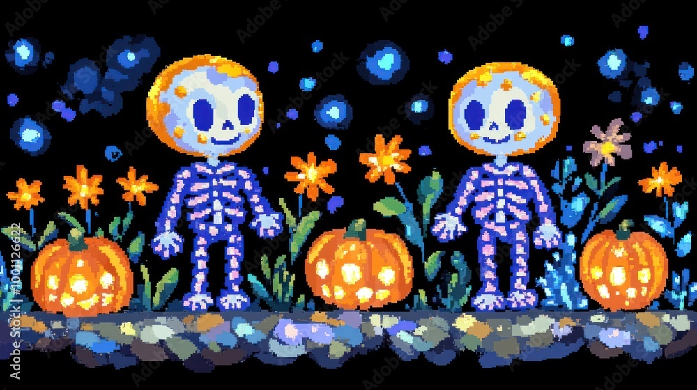 Two whimsical skeletons surrounded by vibrant pumpkins and flowers, embodying a playful Halloween spirit in a charming pixel art style. Two whimsical skeletons surrounded by vibrant pumpkins and flowers, embodying a playful Halloween spirit in a charming pixel art style.