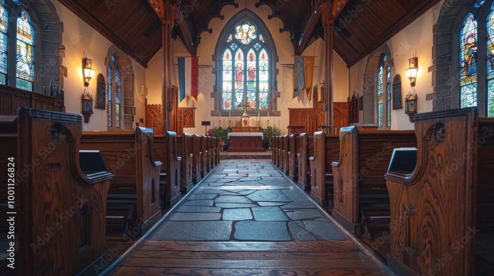 Fototapeta premium A serene and beautifully lit interior of a traditional church with intricate woodwork, stained glass windows, and neatly arranged pews leading up to the altar