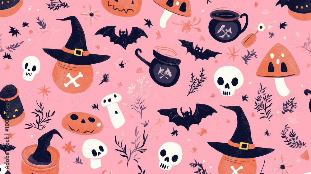 A fun Halloween pattern with a pink background. It has cute witches' hats, cauldrons, mushrooms, bats, and skulls. Perfect for kids! A fun Halloween pattern with a pink background. It has cute witches' hats, cauldrons, mushrooms, bats, and skulls. Perfect for kids!