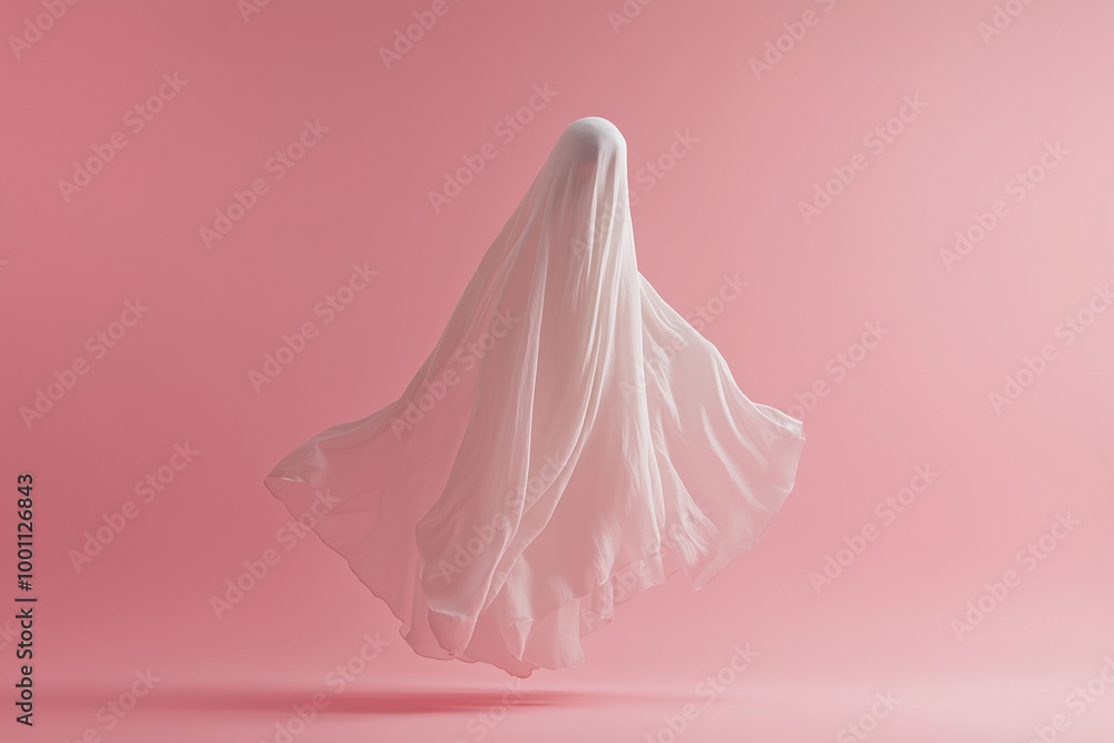White ghost sheet costume against pastel pink background. Minimal Halloween scary concept. White ghost sheet costume against pastel pink background. Minimal Halloween scary concept.