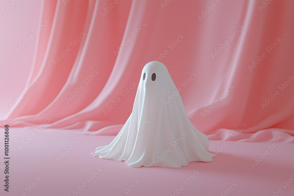 White ghost sheet costume against pastel pink background. Minimal Halloween scary concept. White ghost sheet costume against pastel pink background. Minimal Halloween scary concept.