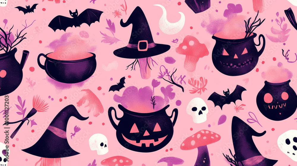 A fun Halloween pattern with a pink background. It has cute witches' hats, cauldrons, mushrooms, bats, and skulls. Perfect for kids! A fun Halloween pattern with a pink background. It has cute witches' hats, cauldrons, mushrooms, bats, and skulls. Perfect for kids!