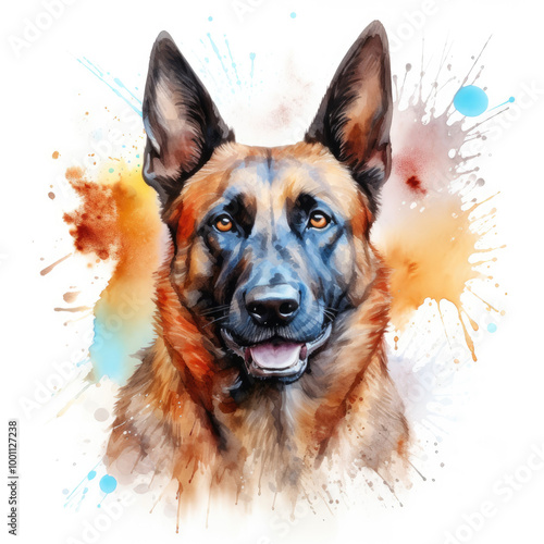 Watercolor painting of belgian malinois with white background