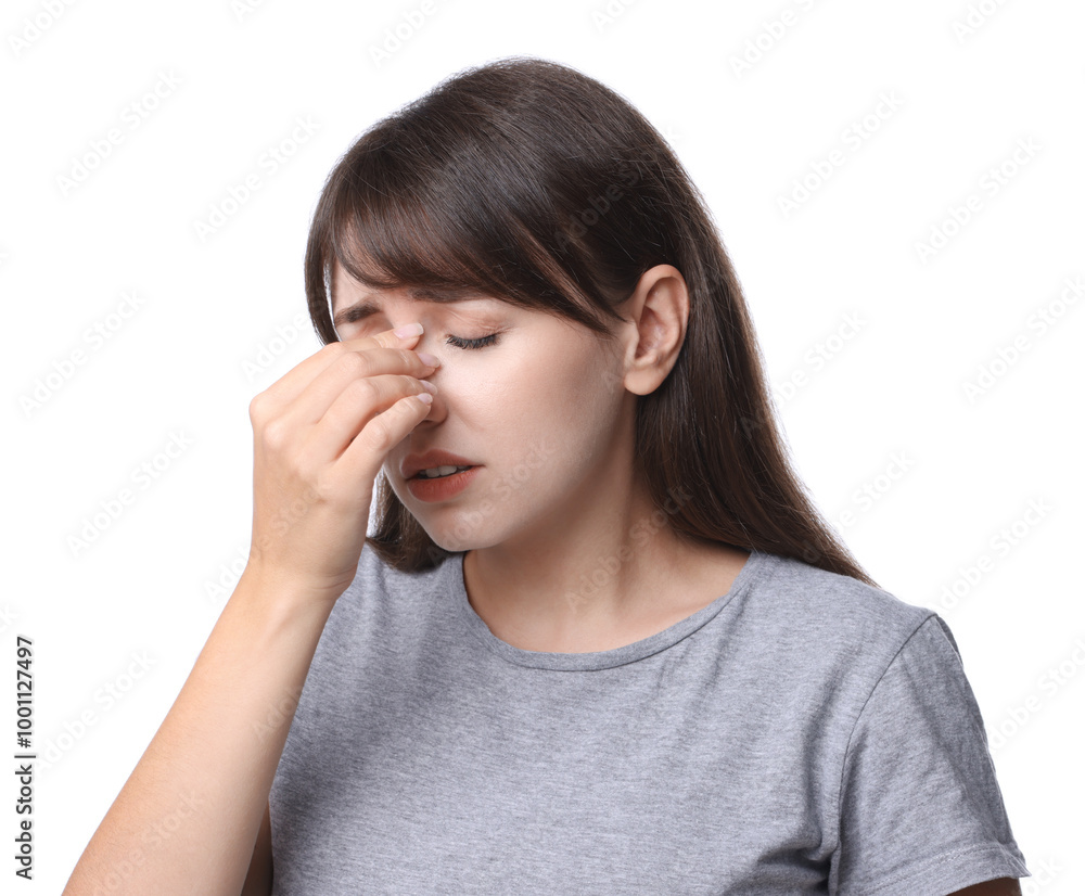 Woman suffering from sinusitis on white background Woman suffering from sinusitis on white background