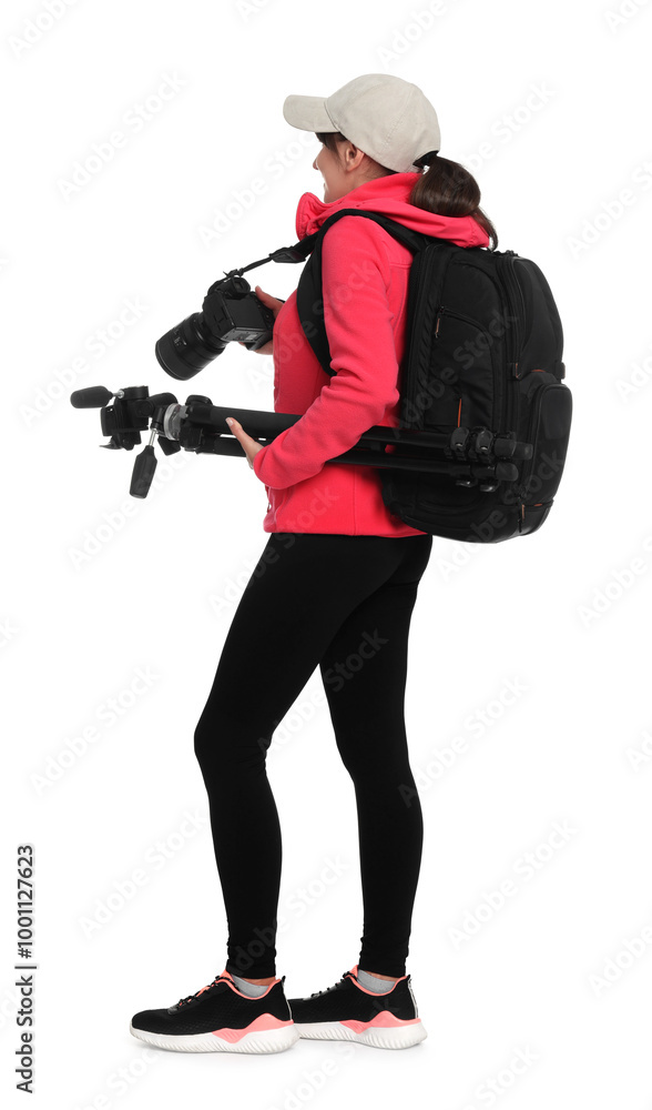 Naklejka premium Photographer with backpack, camera and other professional equipment on white background