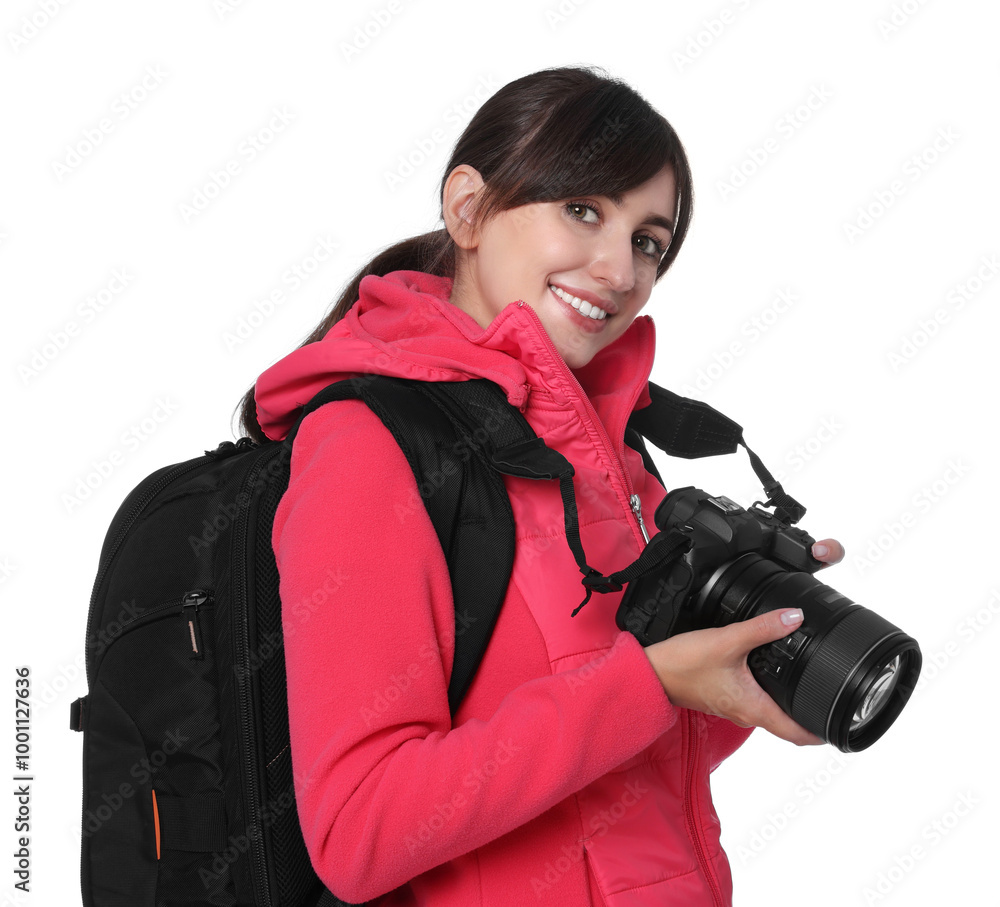 Photographer with backpack and camera on white background Photographer with backpack and camera on white background