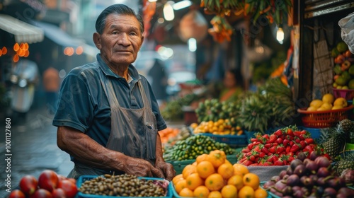 Fototapeta Naklejka Na Ścianę i Meble -  A vibrant street market scene featuring a male vendor surrounded by a colorful assortment of fresh fruits and vegetables on a bustling day