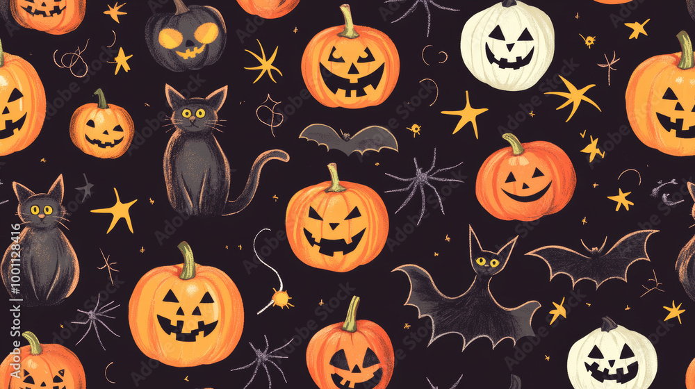 A fun Halloween pattern with pumpkins, cats, witches, bats, and spiders. This cute design is perfect for spooky wallpaper or fabric.