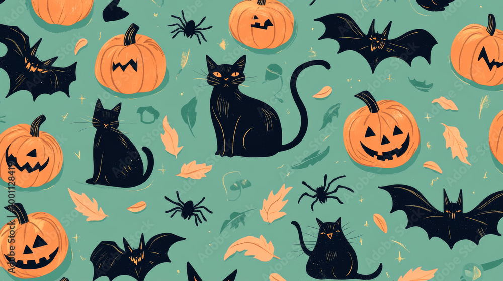 A fun Halloween pattern with pumpkins, cats, witches, bats, and spiders. This cute design is perfect for spooky wallpaper or fabric.