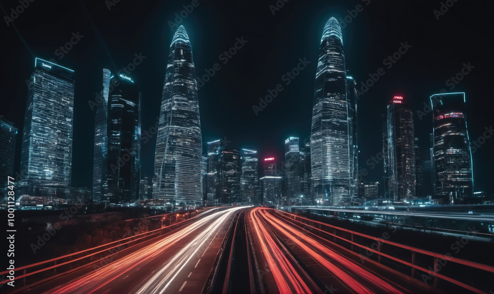 Obraz premium A highway runs through a city at night, with tall buildings illuminated by lights and cars leaving trails of light on the road